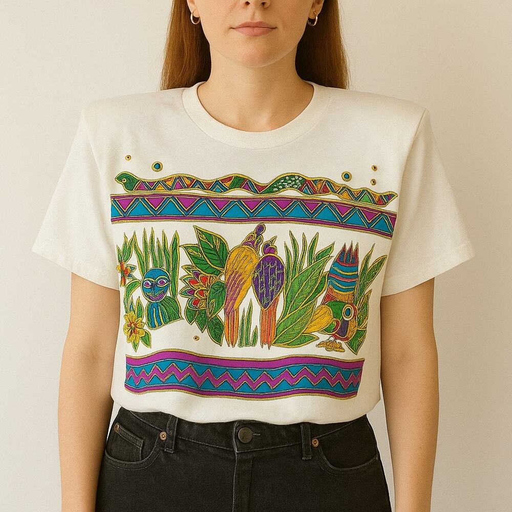 K.W.B.L. Los Angeles White Embellished Novelty T-Shirt One Size Hand Painted